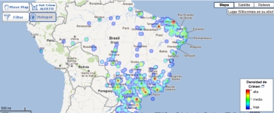 Mapa de delitos de Brasil: los puntos rojos indican las zonas m&aacute;s inseguras / Cr&eacute;dito:WikiCrimes